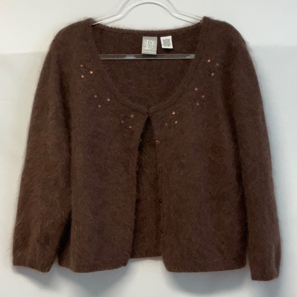 Vintage P Intimates Angora Blend Brown Sequin Cardigan Sweater Women’s Size L